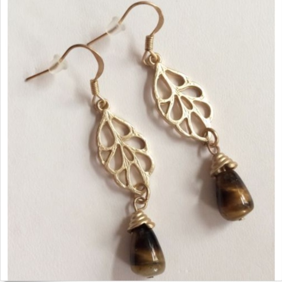 Gold Tiger Eye Stone Earrings Brown Stone Leaf - Picture 4 of 7
